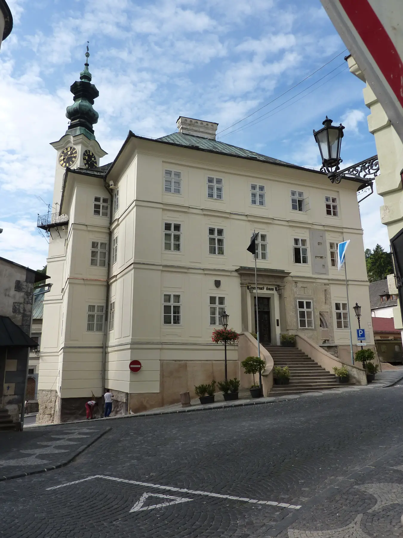 Corner of the Town Hall with its entrance steps
