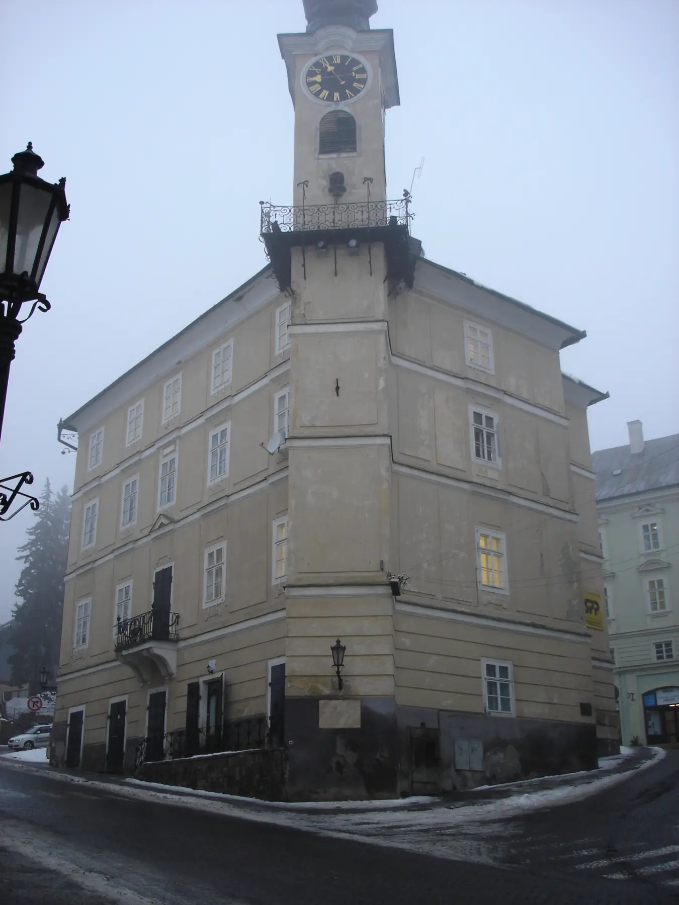 The Town Hall in mist, looking up at the tower
