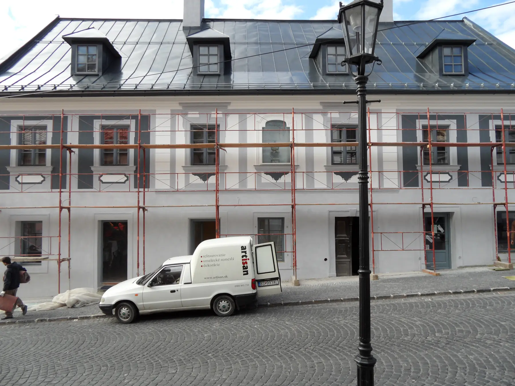 Facade under scaffolding during restoration